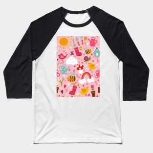 Garden Fun repeat pattern on a pink background Baseball T-Shirt